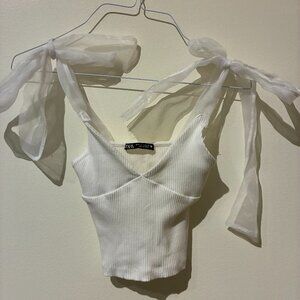 Zara Tie-Shoulder White Crop Camisole‎ Top - Women's S